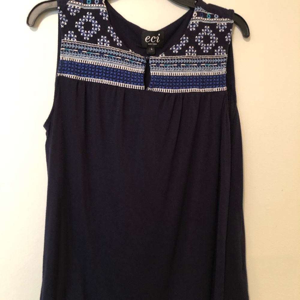 ECI Navy Sleeveless Tank with Blue Embroidered Yoke